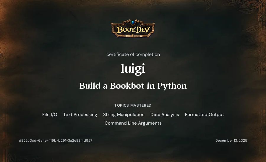 luigi's Boot.dev Build a BookBot in Python certificate