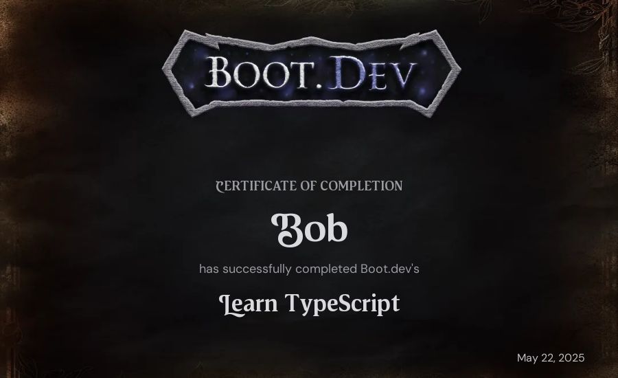 Bob Saludo's Boot.dev Learn TypeScript certificate