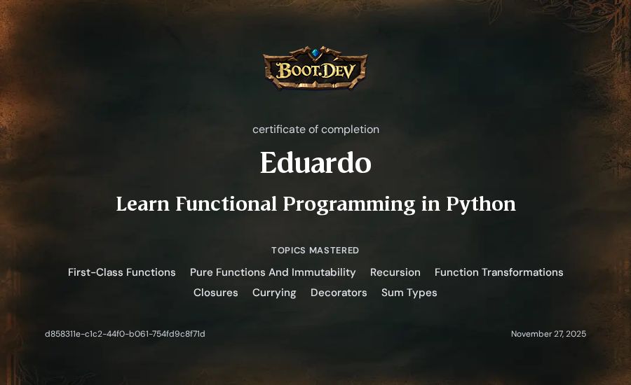 Eduardo's Boot.dev Learn Functional Programming in Python certificate