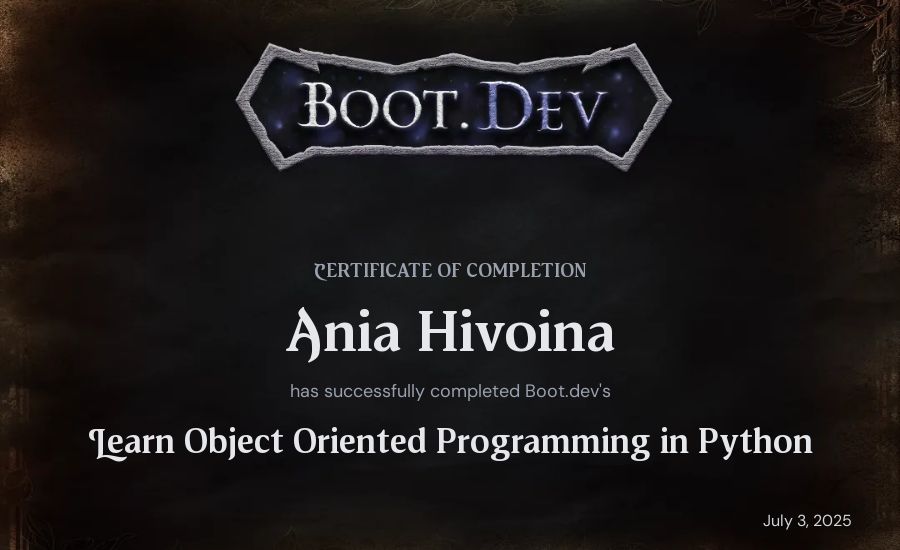 Ania Hivoina's Boot.dev Learn Object Oriented Programming in Python certificate