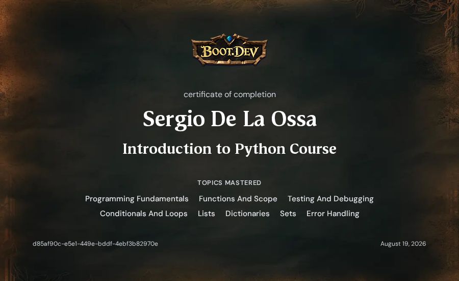 Sergio De La Ossa's Boot.dev Introduction to Python Course certificate