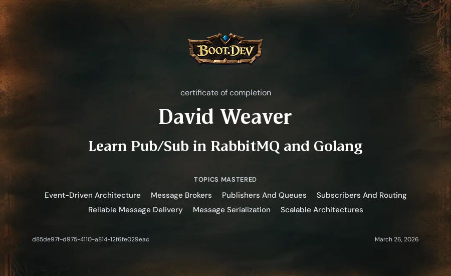 David Weaver's Boot.dev Learn Pub/Sub in RabbitMQ and Go certificate
