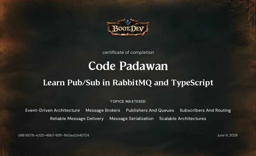Code Padawan's Boot.dev Learn Pub/Sub in RabbitMQ and TypeScript certificate
