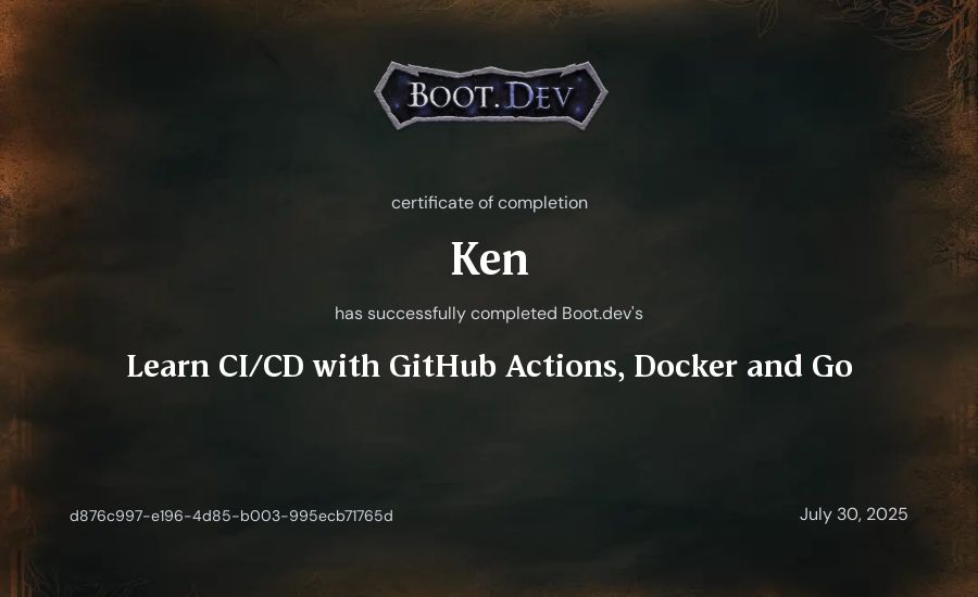 Ken's Boot.dev Learn CI/CD with GitHub Actions, Docker and Go certificate