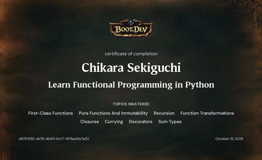 Chikara Sekiguchi's Boot.dev Learn Functional Programming in Python certificate