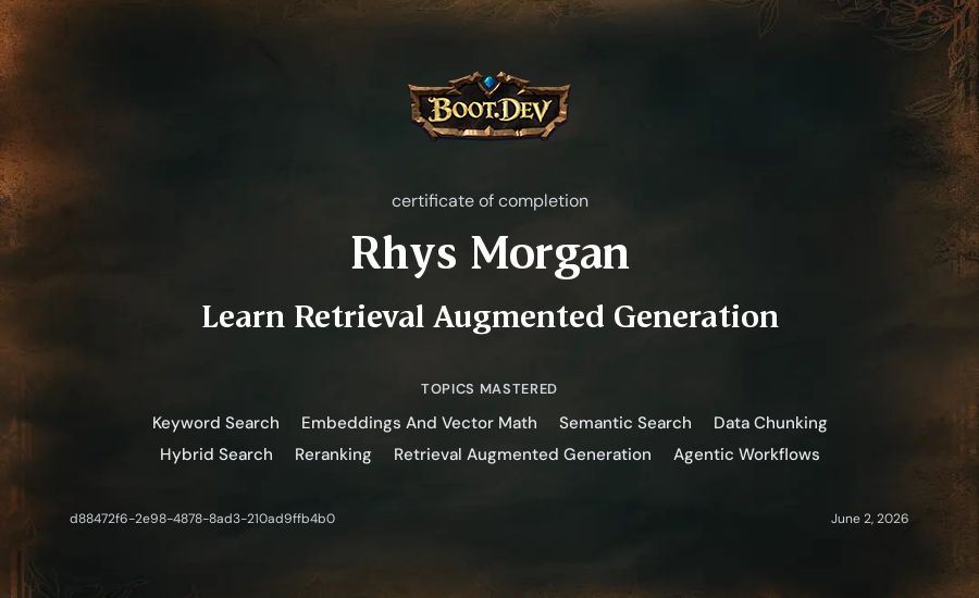 Rhys Morgan's Boot.dev Learn Retrieval Augmented Generation certificate