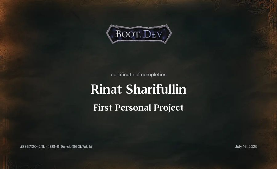 Rinat Sharifullin's Boot.dev First Personal Project certificate