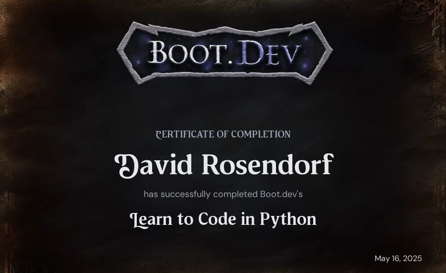 Dorf's Boot.dev Introduction to Python Course certificate