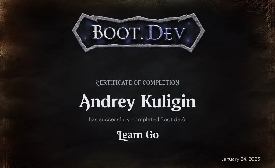 Andrey Kuligin's Boot.dev Learn Go certificate