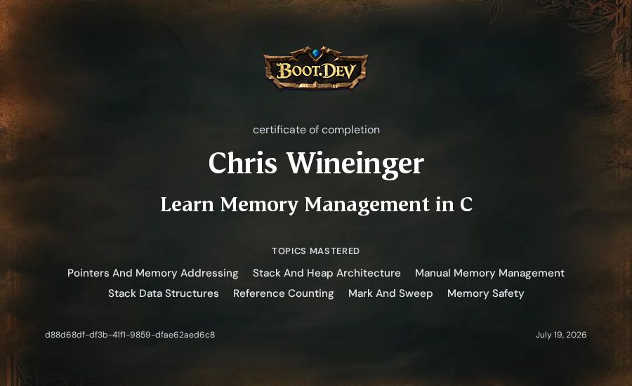 Chris Wineinger's Boot.dev Learn Memory Management in C certificate
