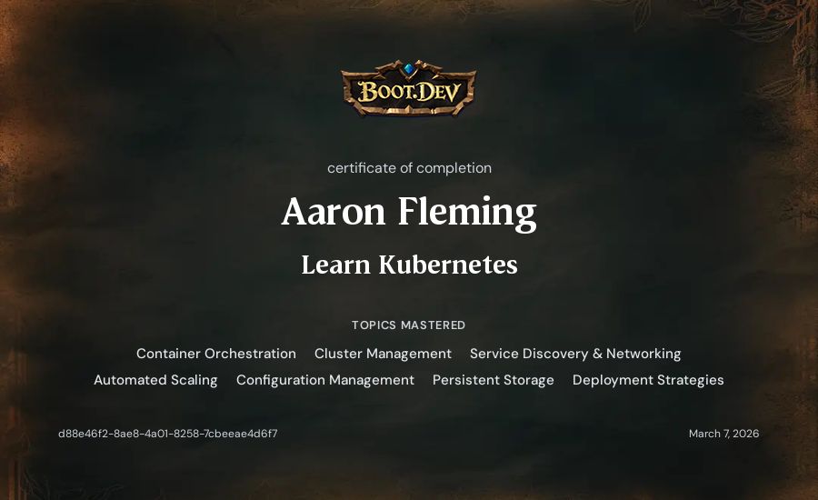 Aaron Fleming's Boot.dev Learn Kubernetes certificate