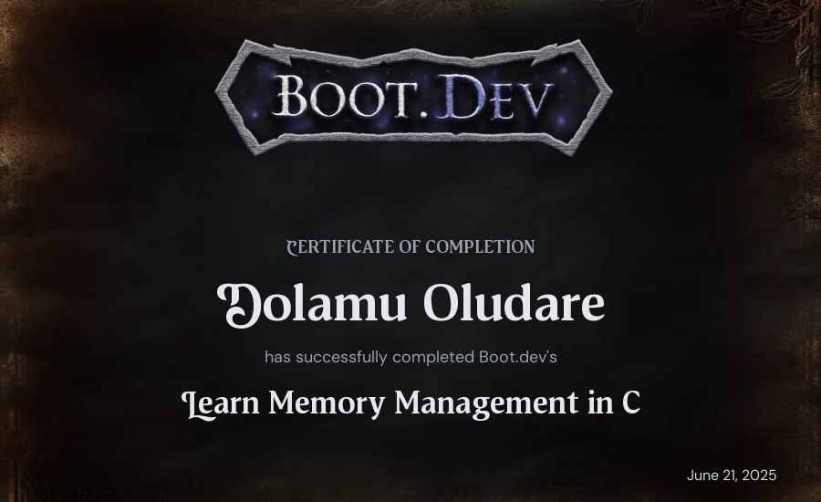 Dolamu Oludare's Boot.dev Learn Memory Management in C certificate