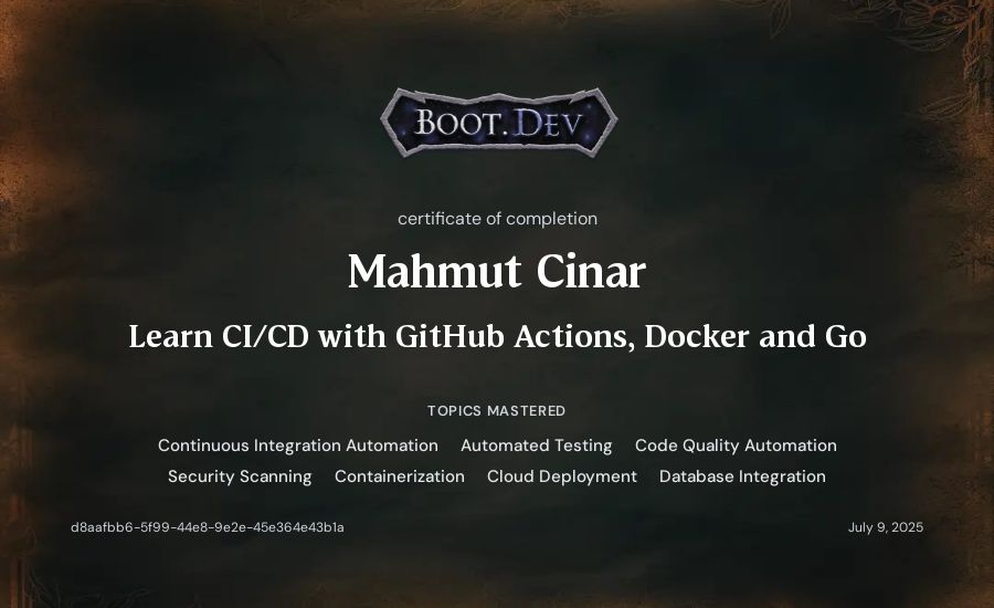 Mahmut Cinar's Boot.dev Learn CI/CD with GitHub Actions, Docker and Go certificate