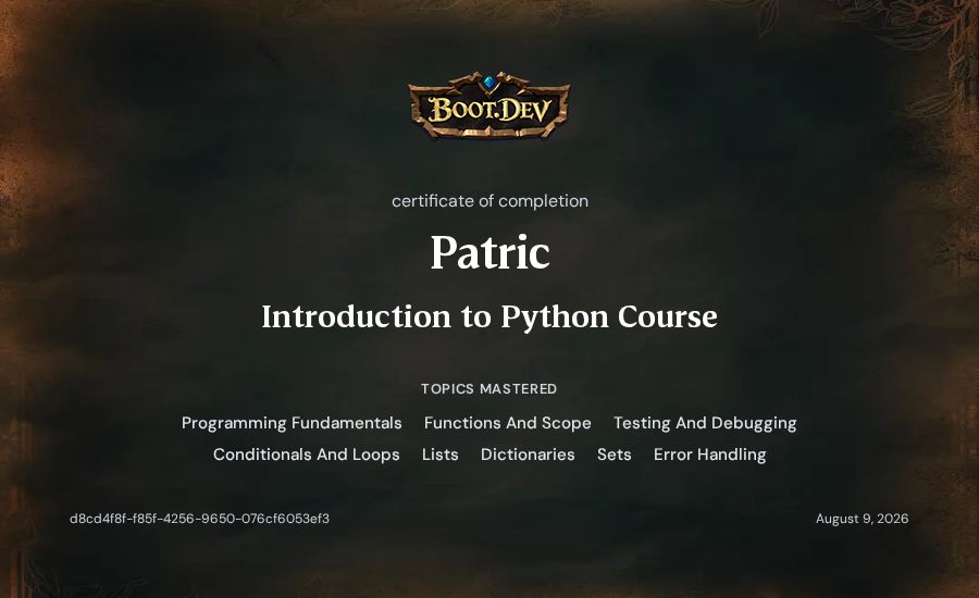 Patric's Boot.dev Introduction to Python Course certificate