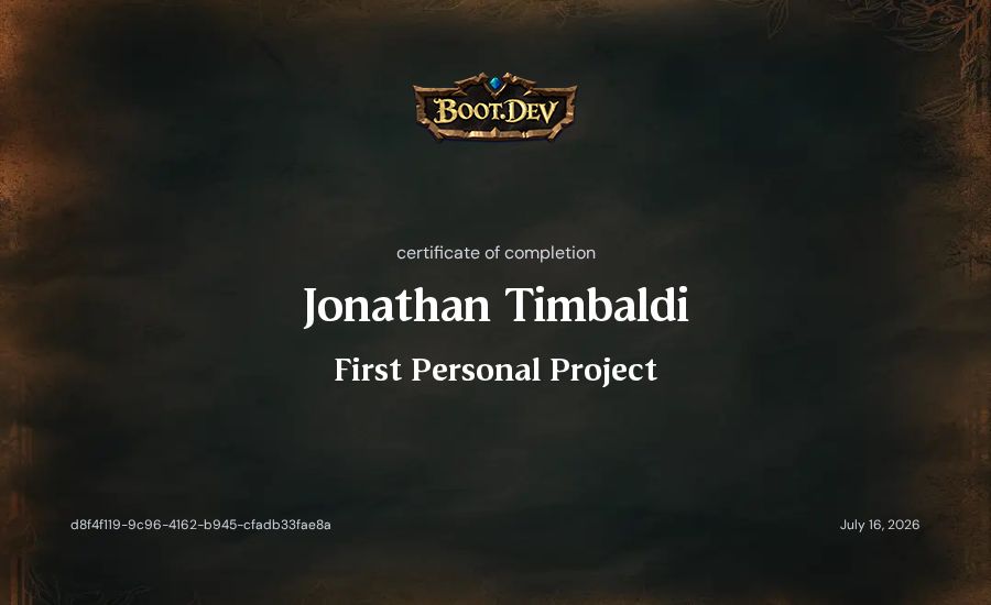 Jonathan Timbaldi's Boot.dev First Personal Project certificate