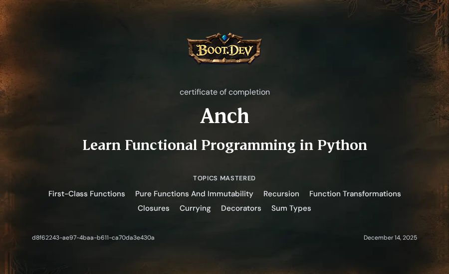 Anch's Boot.dev Learn Functional Programming in Python certificate