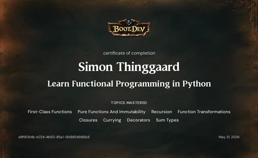 Simon Thinggaard's Boot.dev Learn Functional Programming in Python certificate