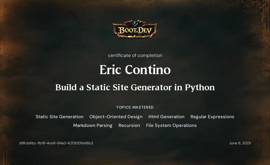 Eric Contino's Boot.dev Build a Static Site Generator in Python certificate