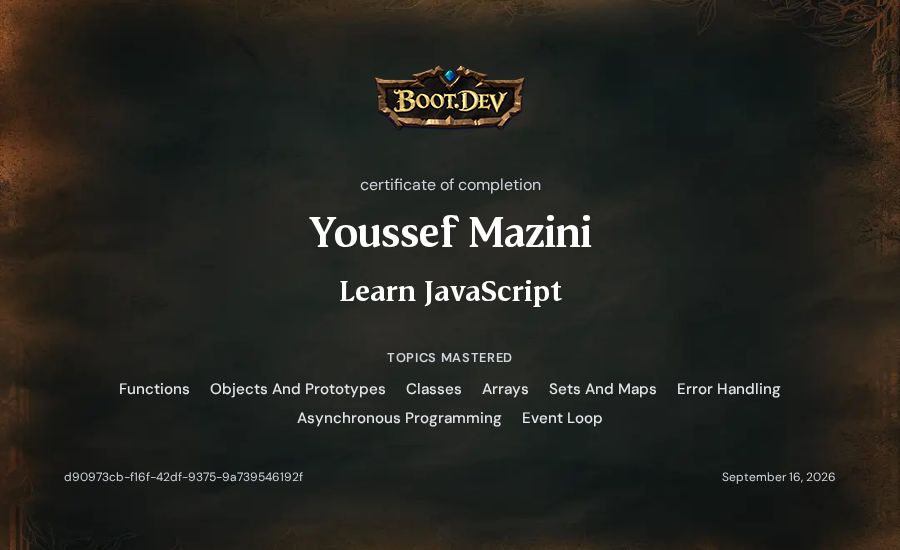 Youssef Mazini's Boot.dev Learn JavaScript certificate