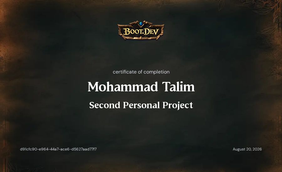 Mohammad Talim's Boot.dev Second Personal Project certificate