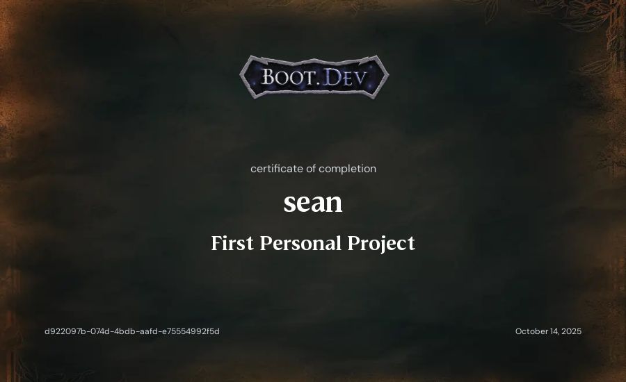 sean's Boot.dev First Personal Project certificate