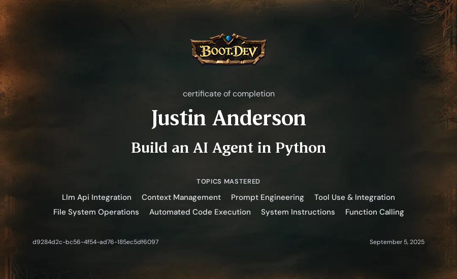 Justin Anderson's Boot.dev Build an AI Agent in Python certificate