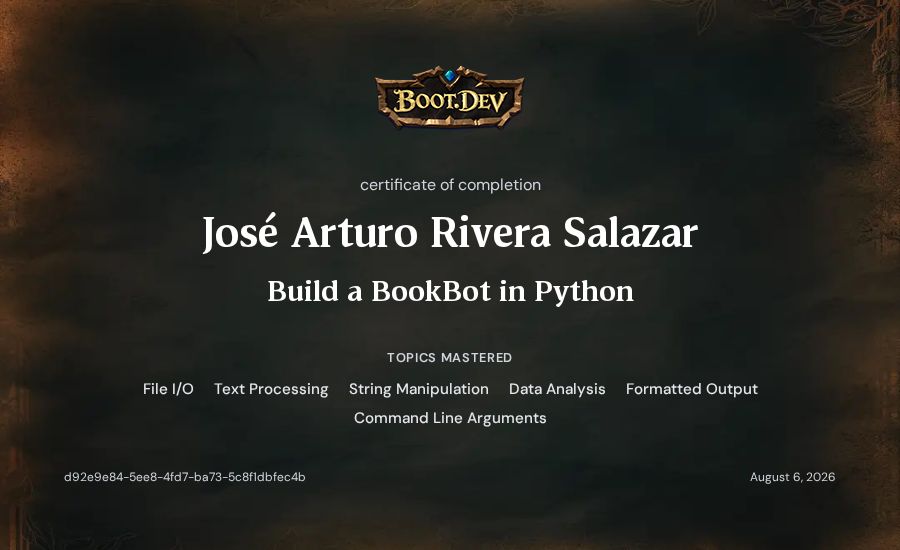 Arturo Rivera's Boot.dev Build a BookBot in Python certificate