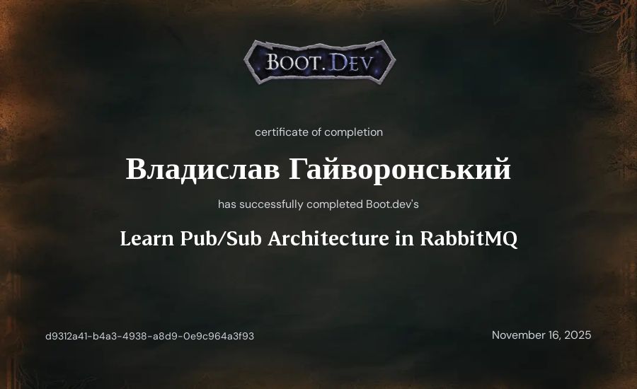 Владислав Гайворонський's Boot.dev Learn Pub/Sub in RabbitMQ and Go certificate