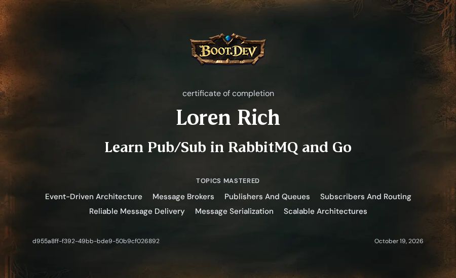 Loren Rich's Boot.dev Learn Pub/Sub in RabbitMQ and Go certificate
