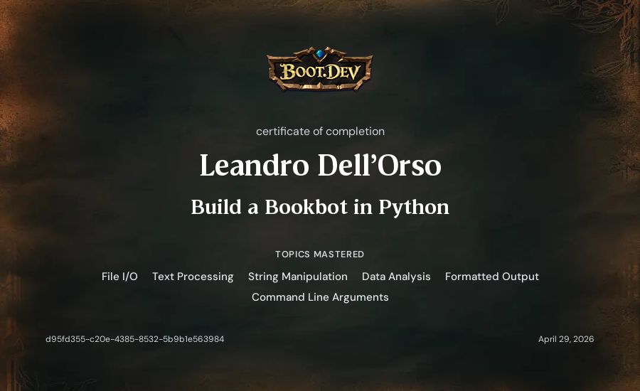 Leandro Dell'Orso's Boot.dev Build a BookBot in Python certificate