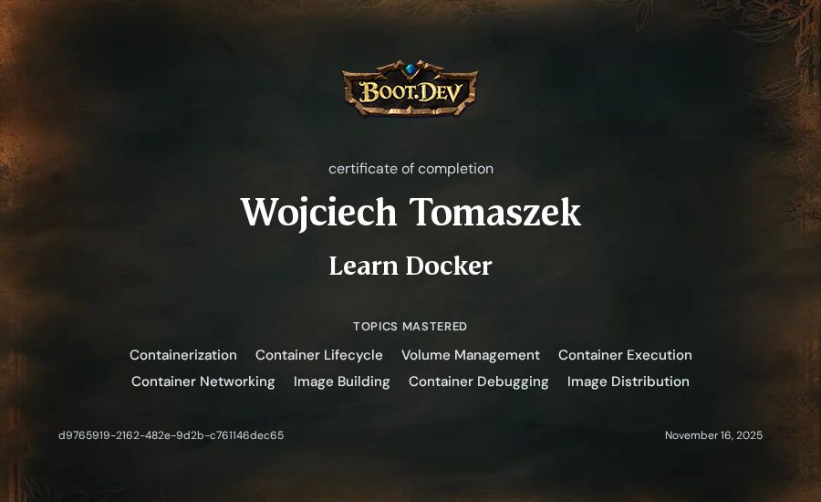 Wojciech Tomaszek's Boot.dev Learn Docker certificate