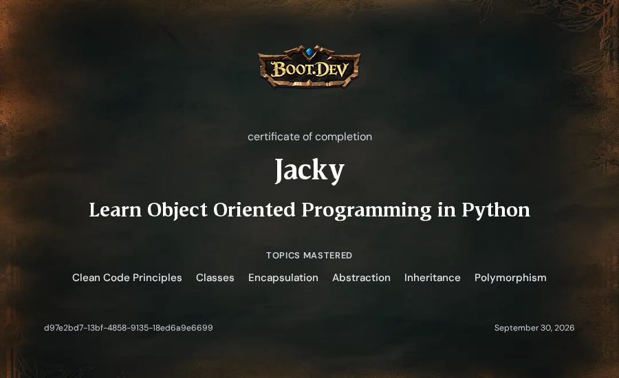 Jacky's Boot.dev Learn Object Oriented Programming in Python certificate