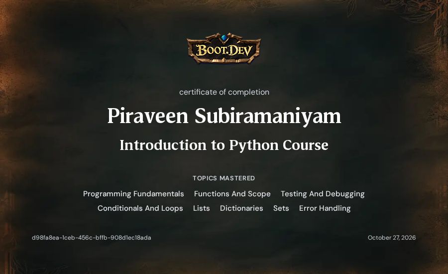 Piraveen Subiramaniyam's Boot.dev Introduction to Python Course certificate