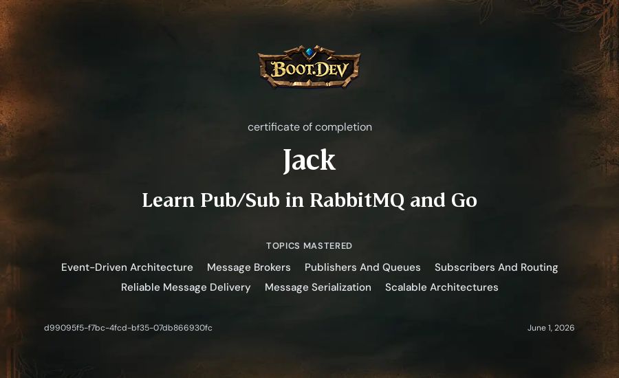 Jack's Boot.dev Learn Pub/Sub in RabbitMQ and Go certificate