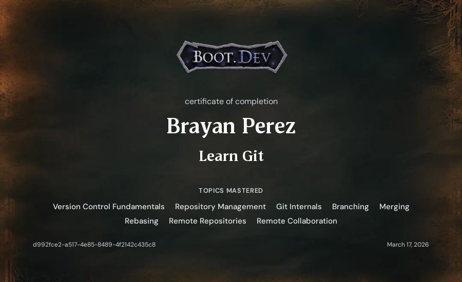Brayan Perez's Boot.dev Learn Git certificate