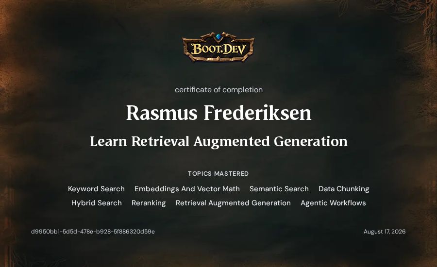 Rasmus Frederiksen's Boot.dev Learn Retrieval Augmented Generation certificate
