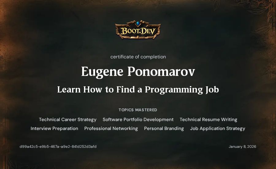Eugene Ponomarov's Boot.dev Learn How to Find a Programming Job certificate