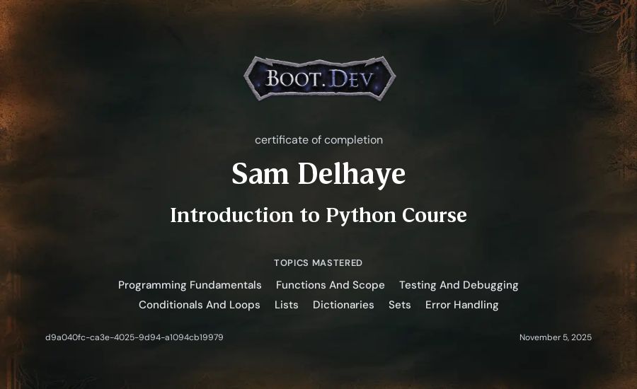 Sam Delhaye's Boot.dev Introduction to Python Course certificate