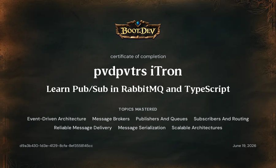 pvdpvtrs iTron's Boot.dev Learn Pub/Sub in RabbitMQ and TypeScript certificate