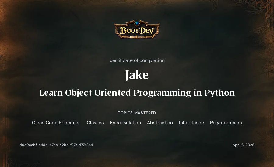 Jake's Boot.dev Learn Object Oriented Programming in Python certificate