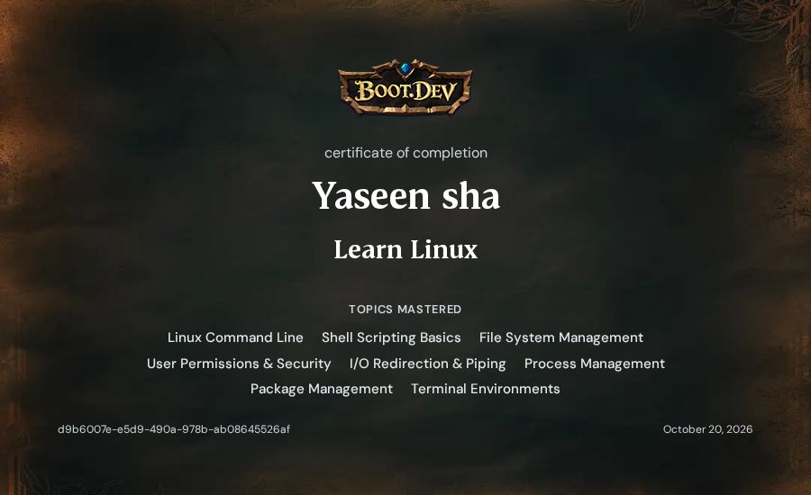 Yaseen sha's Boot.dev Learn Linux certificate