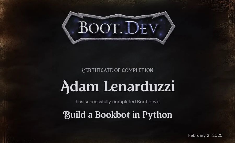 Adam Lenarduzzi's Boot.dev Build a BookBot in Python certificate