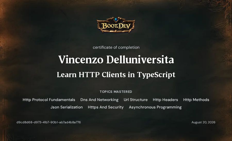 Vincenzo Delluniversita's Boot.dev Learn HTTP Clients in TypeScript certificate