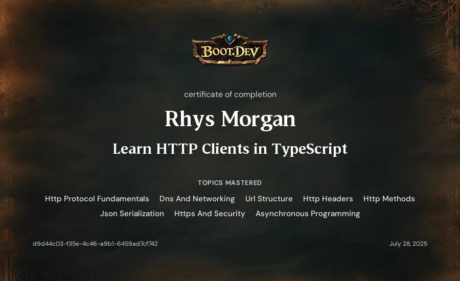 Rhys Morgan's Boot.dev Learn HTTP Clients in TypeScript certificate