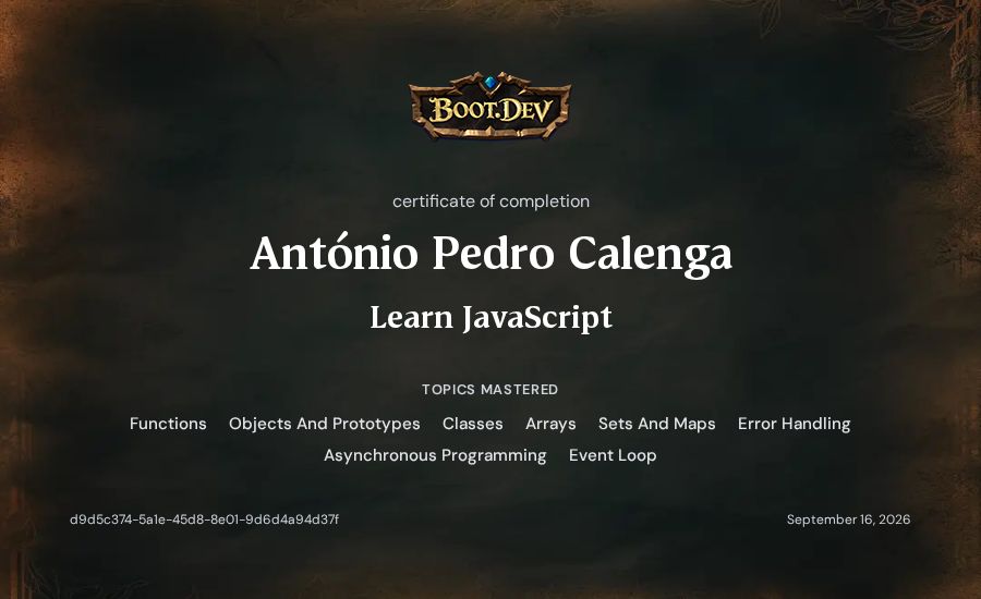António Pedro Calenga's Boot.dev Learn JavaScript certificate