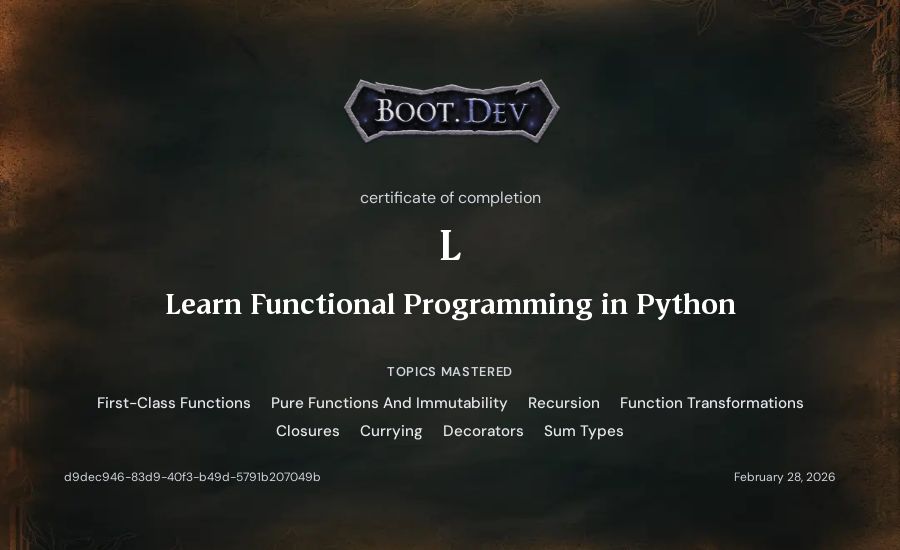 L's Boot.dev Learn Functional Programming in Python certificate