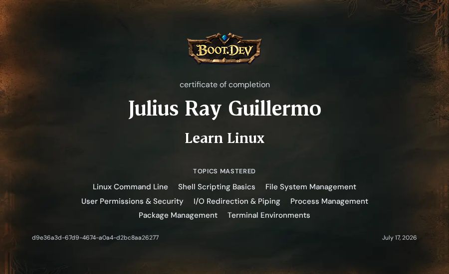 Julius Ray Guillermo's Boot.dev Learn Linux certificate