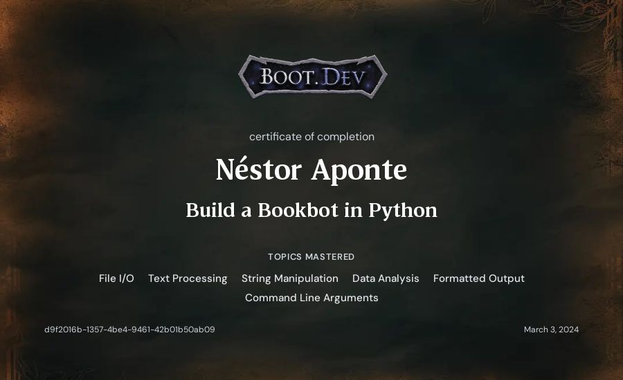 Néstor Aponte's Boot.dev Build a BookBot in Python certificate