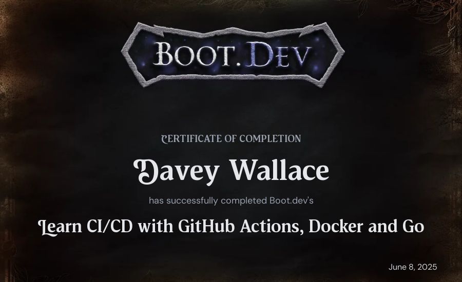 Davey's Boot.dev Learn CI/CD with GitHub Actions, Docker and Go certificate