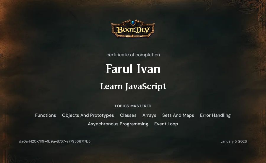 Farul Ivan's Boot.dev Learn JavaScript certificate